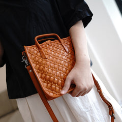 Vintage Leather Braided Vertical Handbag Women Crossbody Vertical Tote Purse for Women
