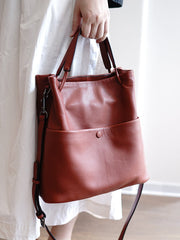 Cute Brown Leather Bucket Tote Shoulder Bag Women Barrel Tote Handbag for Women