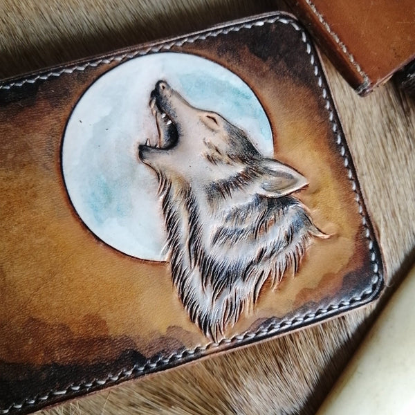 Wolf Tooled Leather Wallet Card Wallet with ID Window ID Holder Wallet Mens Wall WDPJ02801002
