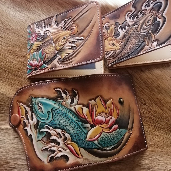 Cyan Carp Tooled Leather Key Holder Wallet Leather Key Case Leather Wallet with WDPJ02801001