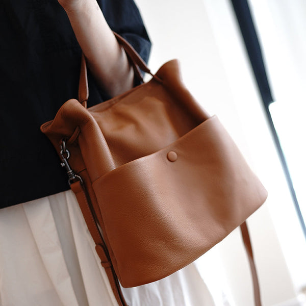 Cute Tan Leather Bucket Tote Shoulder Bag - Open View