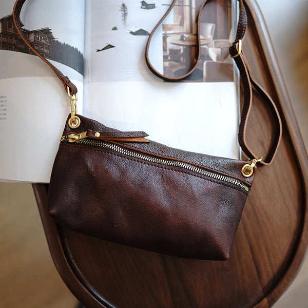 Coffee Leather Small Shoulder Bag Trendy Women - Open View
