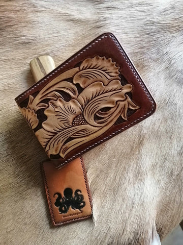 Flower Tooled Leather Wallet Card Wallet with ID Window 