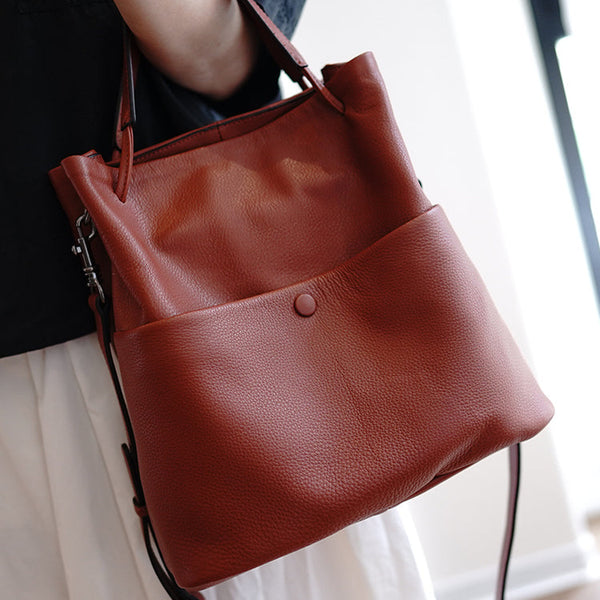 Cute Brown Leather Bucket Tote Shoulder Bag - Bill Slots Detail