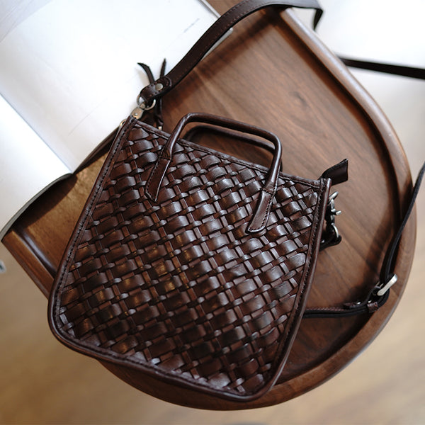 Vintage Leather Braided Vertical Handbag Women Crossbody - Side View