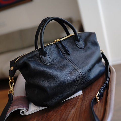 Classic Black Leather Large Work Shoulder Bag Women Large Work Handbag for Women