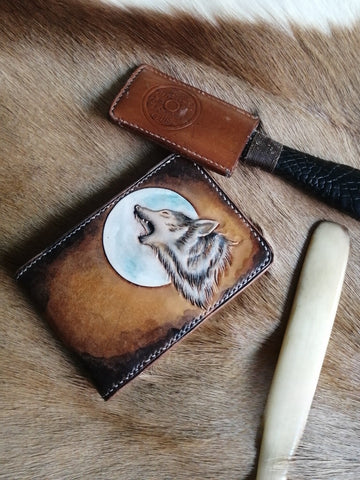 ID Holder Wallet Mens Wallet with ID Window Billfold Wolf Tooled Leather Wallet Card Wallet with ID Window