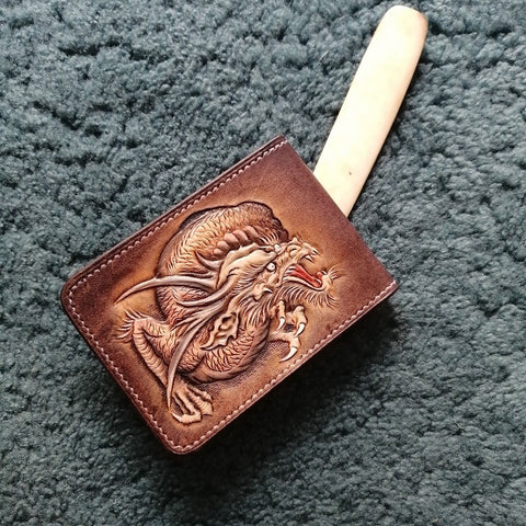 Chinese Dragon ID Holder Wallet Mens Wallet with ID Window Loong Tooled Leather Wallet Card Wallet with ID Window - iwalletsmen