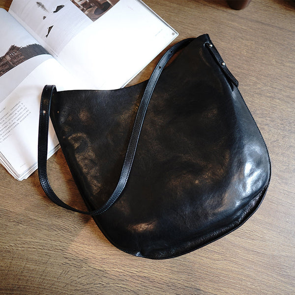 Black Leather Shoulder Tote Bag Women Crossbody - Open View