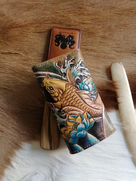 Tooled Leather Key Wallet Key Holders with Card Holder Yellow Carp Leather Key W WDPJ028010018