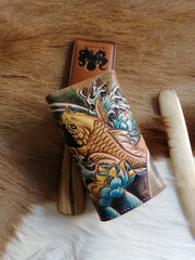 Tooled Leather Key Wallet Key Holders with Card Holder Yellow Carp Leather Key Wallets - iwalletsmen