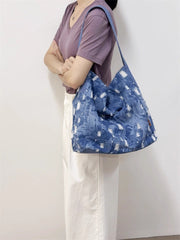 Washed Denim Shoulder Bags Blue Jean Bag Large Denim Tote Bucket Bag Jean Tote Bag - Feltify