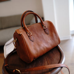 Coffee Leather Boston Handbag Trendy Women Boston Crossbody Purse for Women