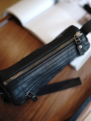 Black Leather Small Phone Shoulder Bag Vintage - Leather Texture Detail