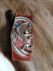 Carp Tooled Leather Wallet Card Wallet with ID Window Koi ID Holder Wallet - iwalletsmen
