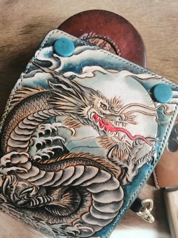 Tooled Leather Key Wallet Key Holders with Card Holder Loong Chinese Dragon Leather Key Wallets - iwalletsmen