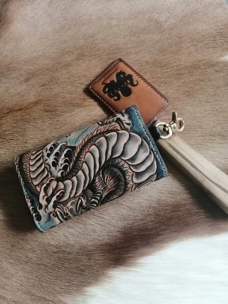 Tooled Leather Key Wallet Key Holders with Card Holder Loong Chinese Dragon Leat WDPJ028010024