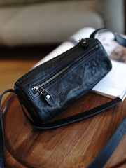Black Leather Small Phone Shoulder Bags Vintage - Card Slots Detail