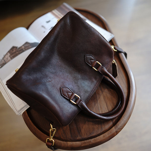 Coffee Leather Boston Handbag Trendy Women Boston - Card Slots Detail