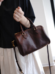 Coffee Leather Boston Handbag Trendy Women Boston Crossbody Purse for Women