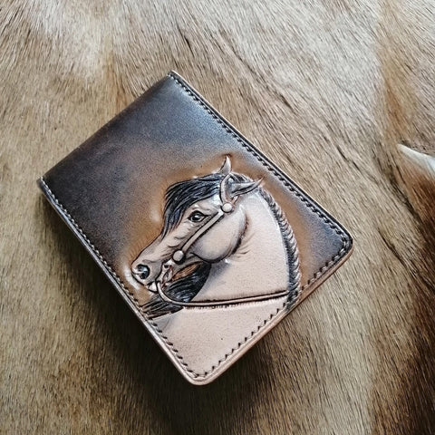 Tooled Leather Wallet Horse Card Wallet with ID Window 