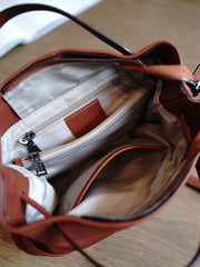 Cute Tan Leather Bucket Tote Shoulder Bag Women Barrel Tote Handbag for Women