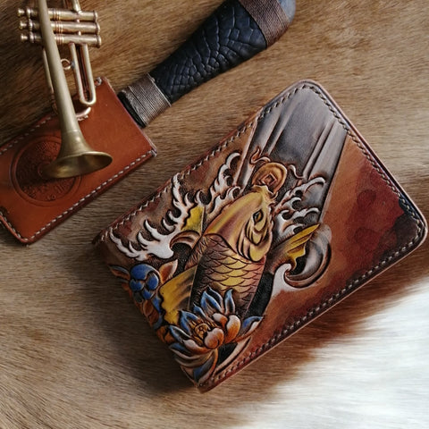 Koi ID Holder Wallet Mens Wallet with ID Window Carp Tooled Leather Wallet Card Wallet with ID Window - iwalletsmen