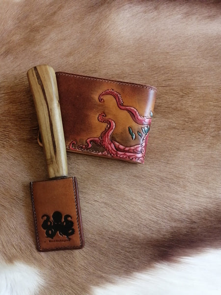 Octopus Tooled Leather Wallet ID Holder Wallet Mens Wallet with ID Window Badass WDPJ02801007