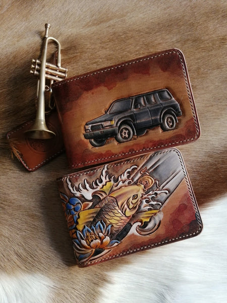Koi ID Holder Wallet Mens Wallet with ID Window Carp Tooled Leather Wallet Card WDPJ02801003