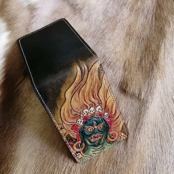 Mahakala Wallet Tooled Leather Wallet Card Wallet with ID Window Mahakala Deity WDPJ028010011