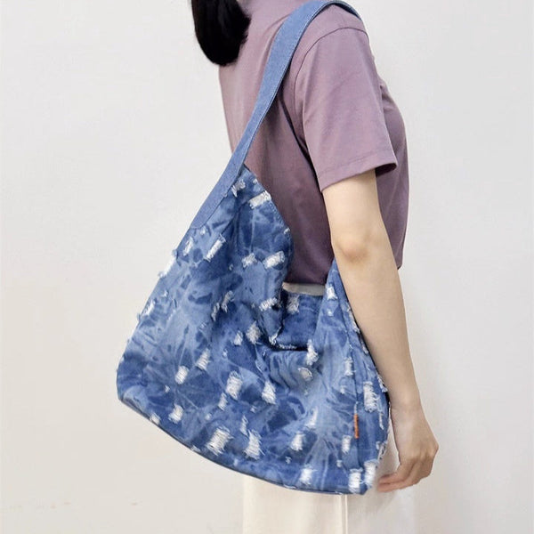 Washed Denim Shoulder Bags Blue Jean Bag Large Denim Tote Bucket Bag Jean Tote Bag - Feltify