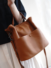 Cute Tan Leather Bucket Tote Shoulder Bag Women Barrel Tote Handbag for Women