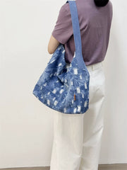 Washed Denim Shoulder Bags Blue Jean Bag Large Denim Tote Bucket Bag Jean Tote Bag - Feltify