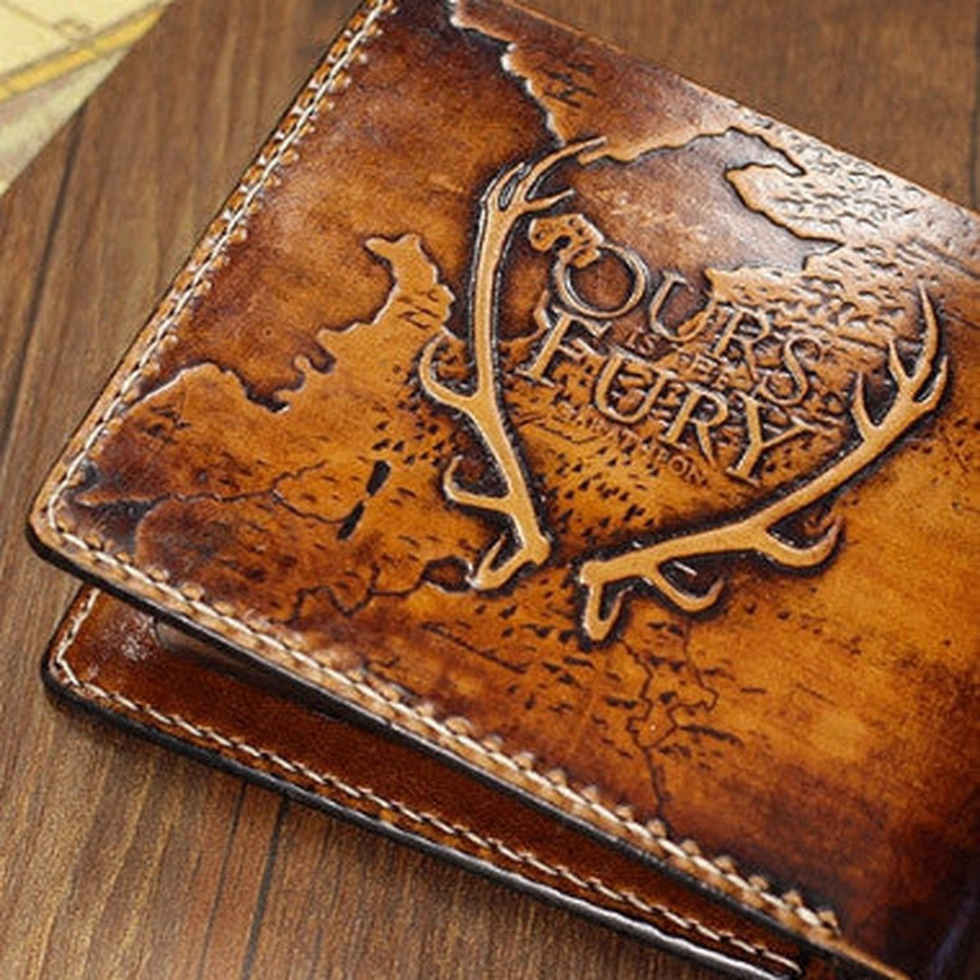 Handmade Game-of-Thrones carved leather custom billfold wallet for men gamers