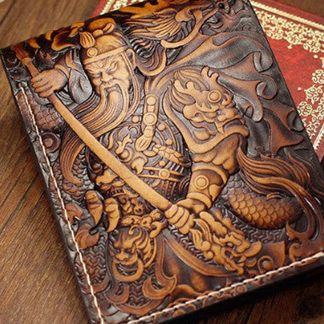Handmade the-Three-Kingdoms_Guan-Yu carved leather custom billfold wallet for men gamers
