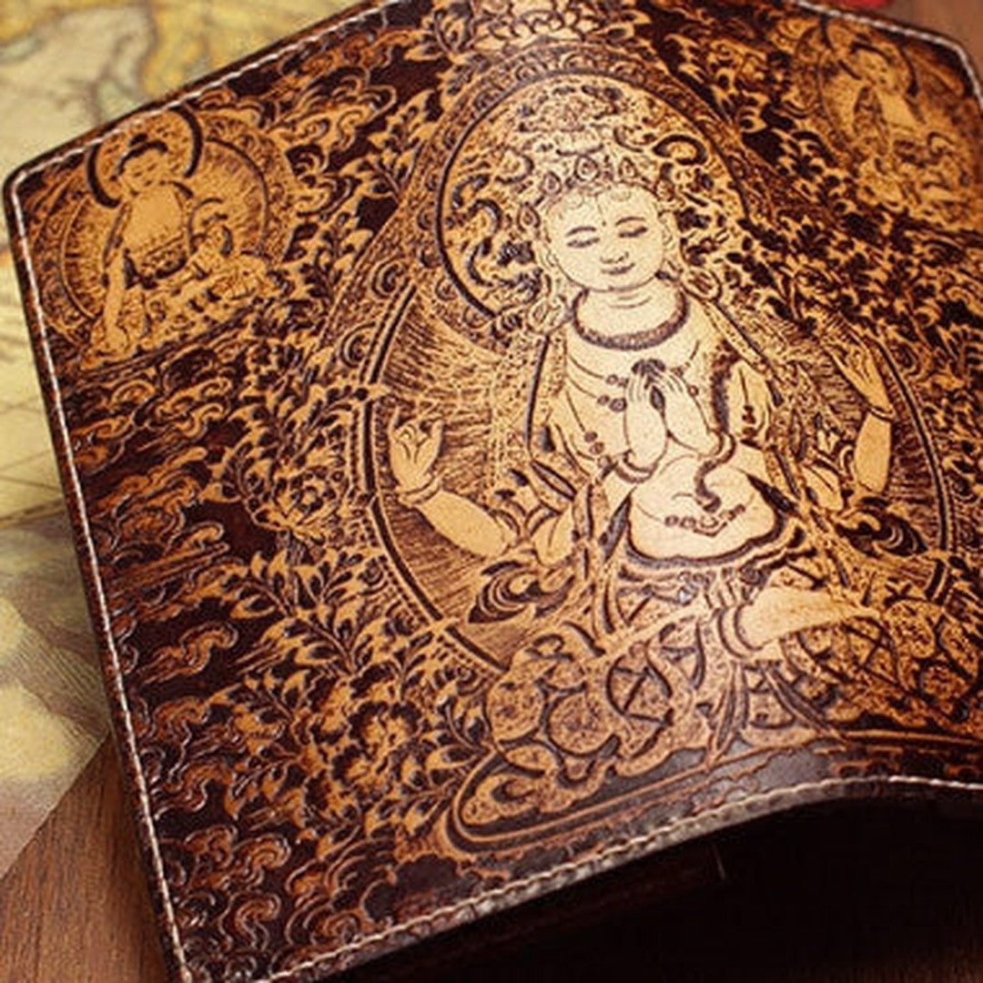 Handmade leather wallet Four-hands-Guanyin carved leather custom long wallet for men