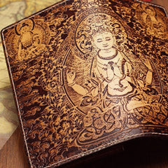 Handmade leather wallet Four-hands-Guanyin carved leather custom long wallet for men