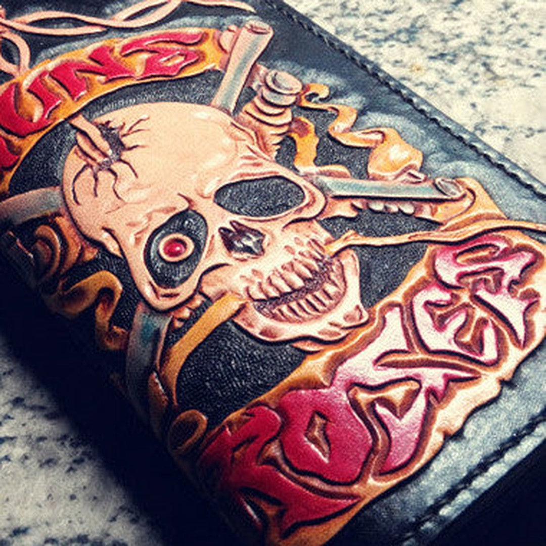 Handmade Long leather wallet men guns & roses skull black tooled carved long wallet for him