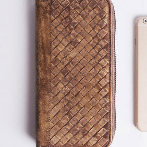 Handmade braided long wallet leather men phone zip clutch vintage wallet for men