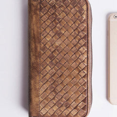 Handmade braided long wallet leather men phone zip clutch vintage wallet for men