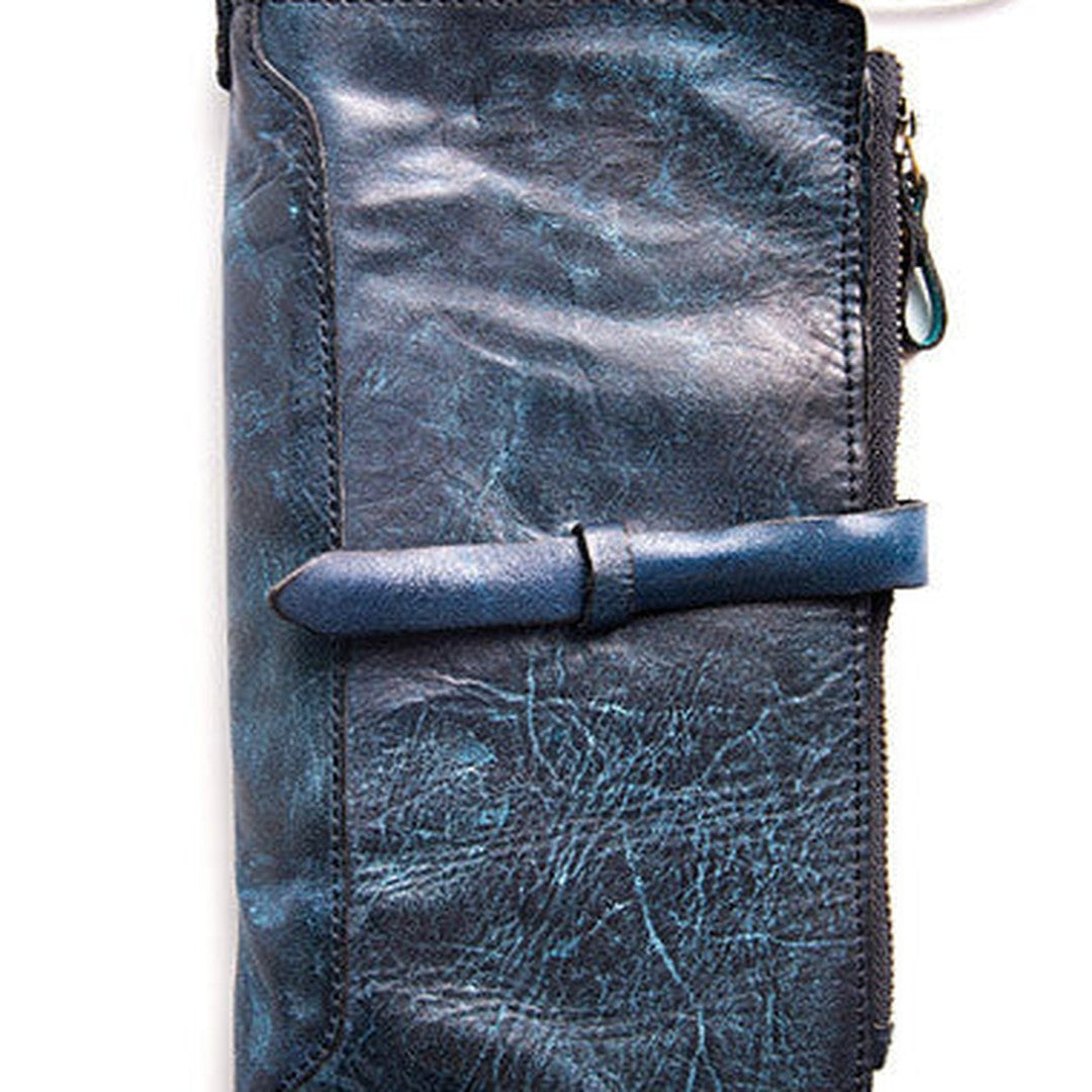 Handmade folded long wallet leather men phone zip clutch vintage wallet for men