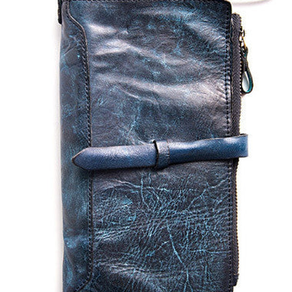 Handmade folded long wallet leather men phone zip clutch vintage wallet for men