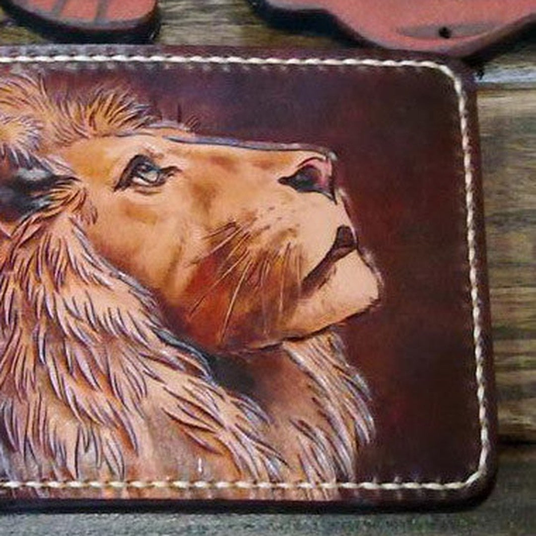 Handmade billfold leather wallet men lion carved leather billfold wallet for men him
