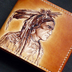 Handmade billfold leather wallet men indian Chief carved leather billfold wallet for men him