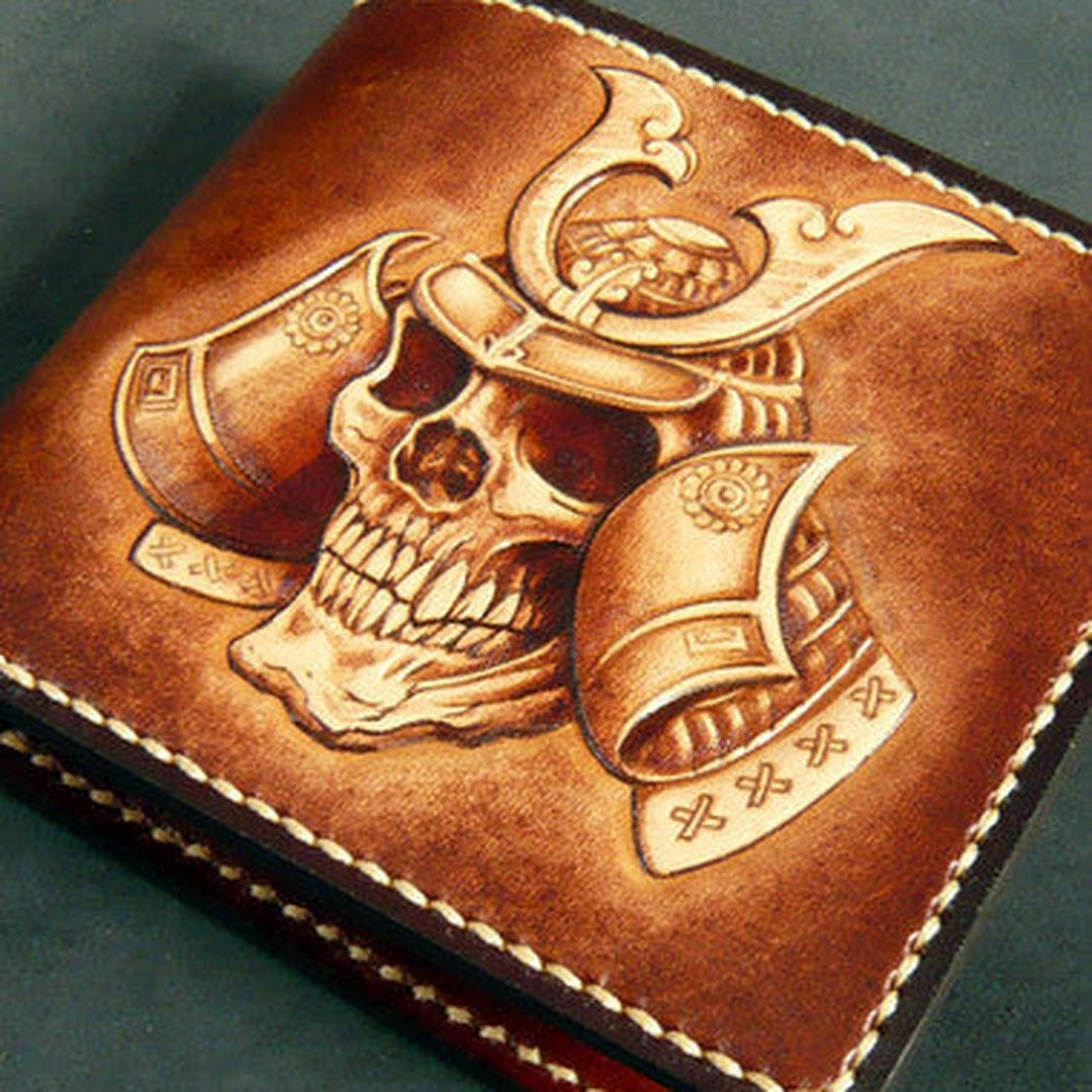 Handmade leather wallet men Japanese general Skull carved leather billfold wallet for him