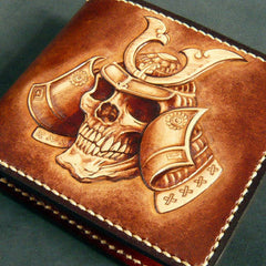 Handmade leather wallet men Japanese general Skull carved leather billfold wallet for him