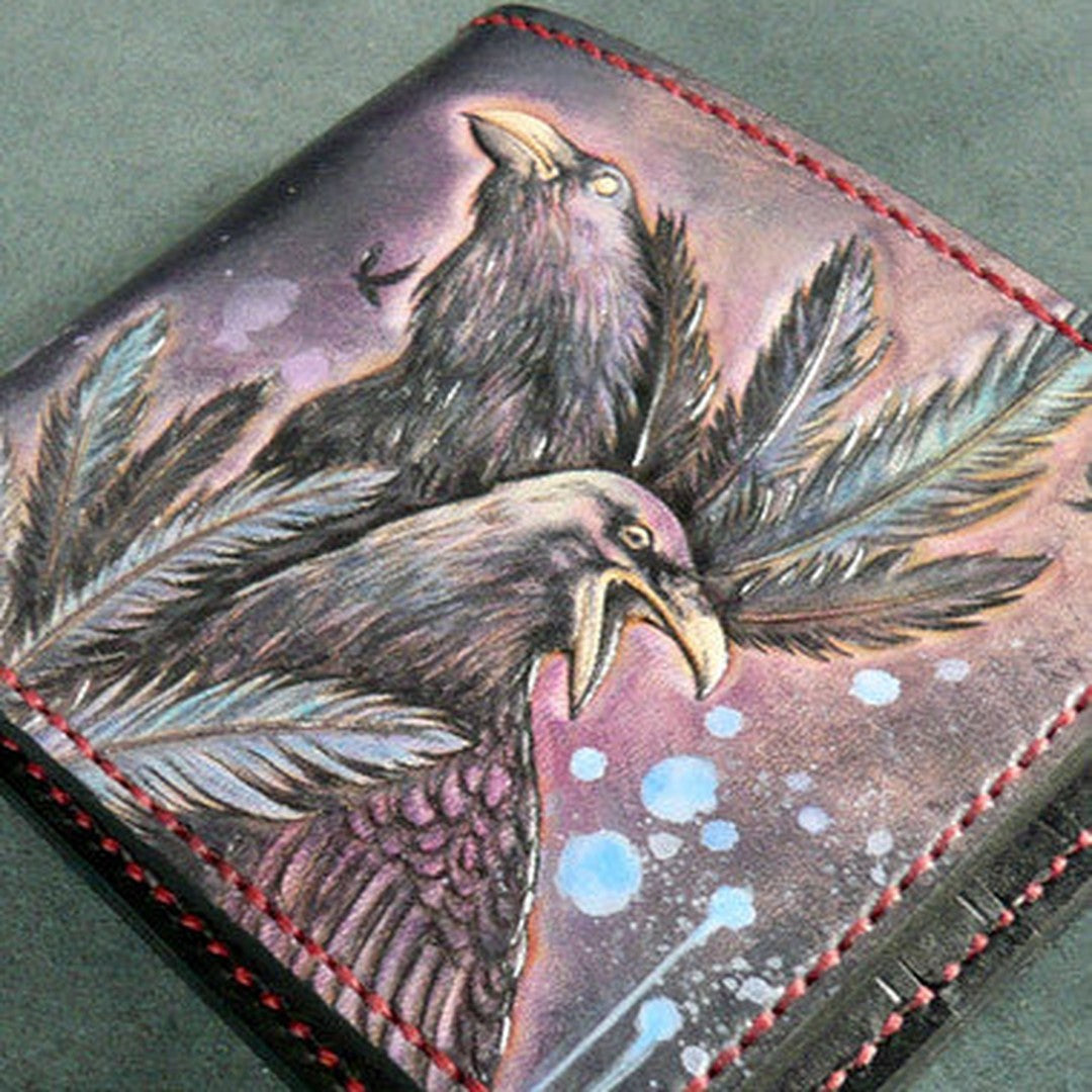 Handmade billfold leather wallet men Crow carved leather billfold wallet for men him