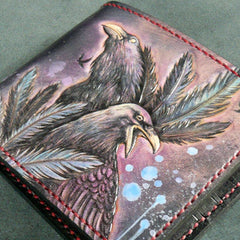 Handmade billfold leather wallet men Crow carved leather billfold wallet for men him