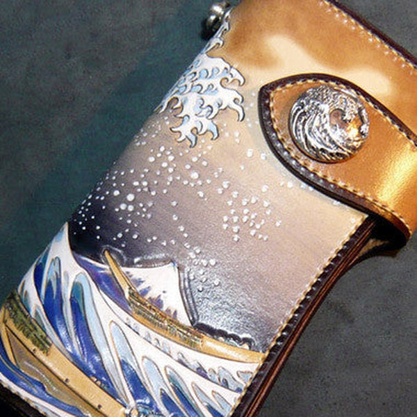 Handmade leather biker trucker wallet leather chain men Kanagawa wave Carved Tooled wallet