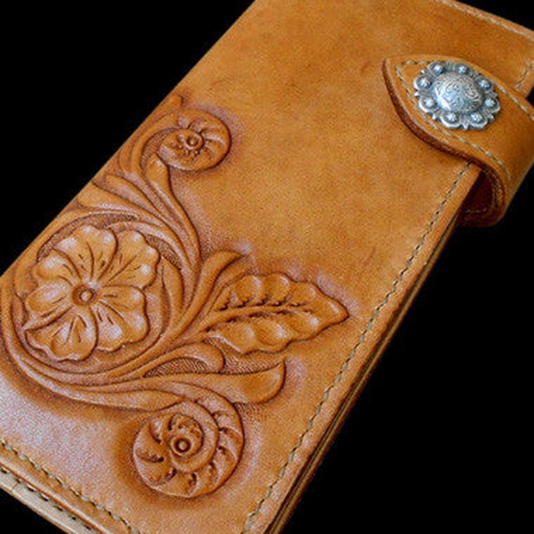 Handcraft vintage handmade carved floral leather long wallet for women ladys